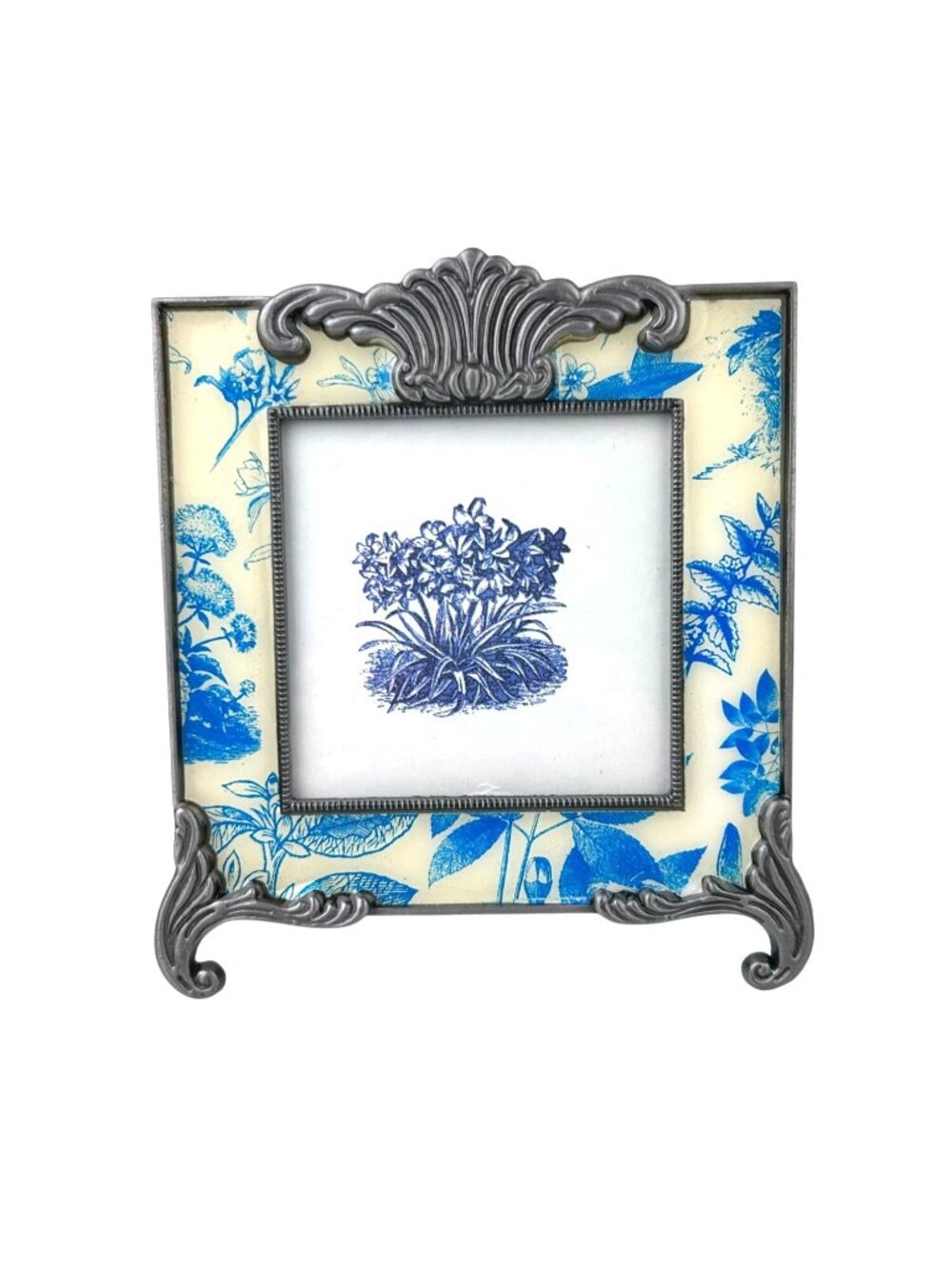 Fetco International Pewter Botanical Floral 3x3 Picture Frame Easel Blue Square